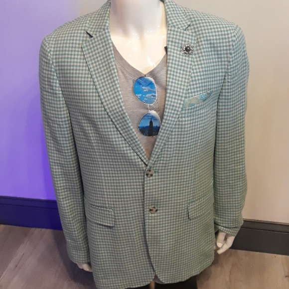 Plaid Check Linen Rayon Blazer Sport Coat Jacket Green Mens NEW Alan Flusser